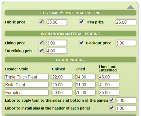 drapery workroom yardage and pricing pleating calculator